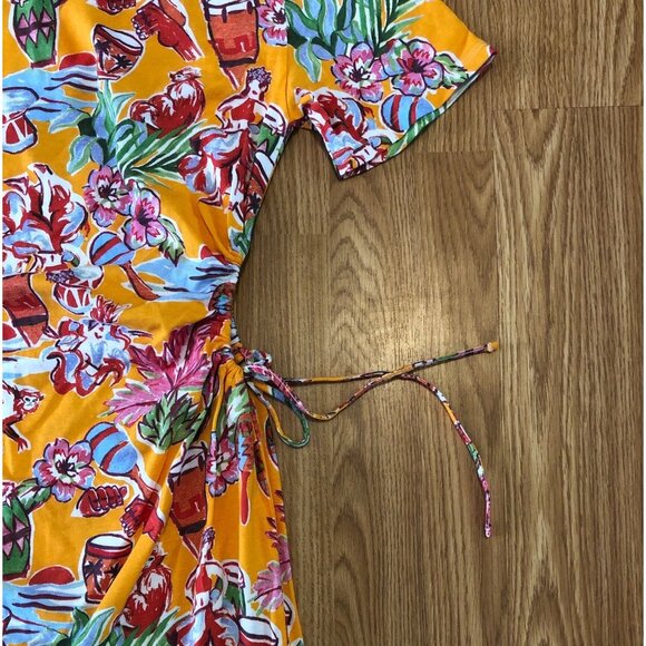 Zara Womens Tropical Floral Short Sleeve Wrap Dress Size L 100% Cotton Orange - Picture 3 of 8
